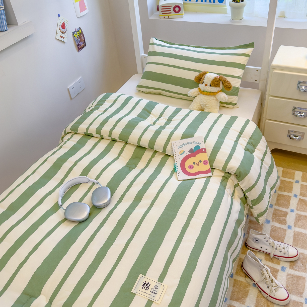 91家纺网 家纺一手货源 找家纺 默忆 2025新款新疆棉学生棉花被 被子被芯 绿白宽条