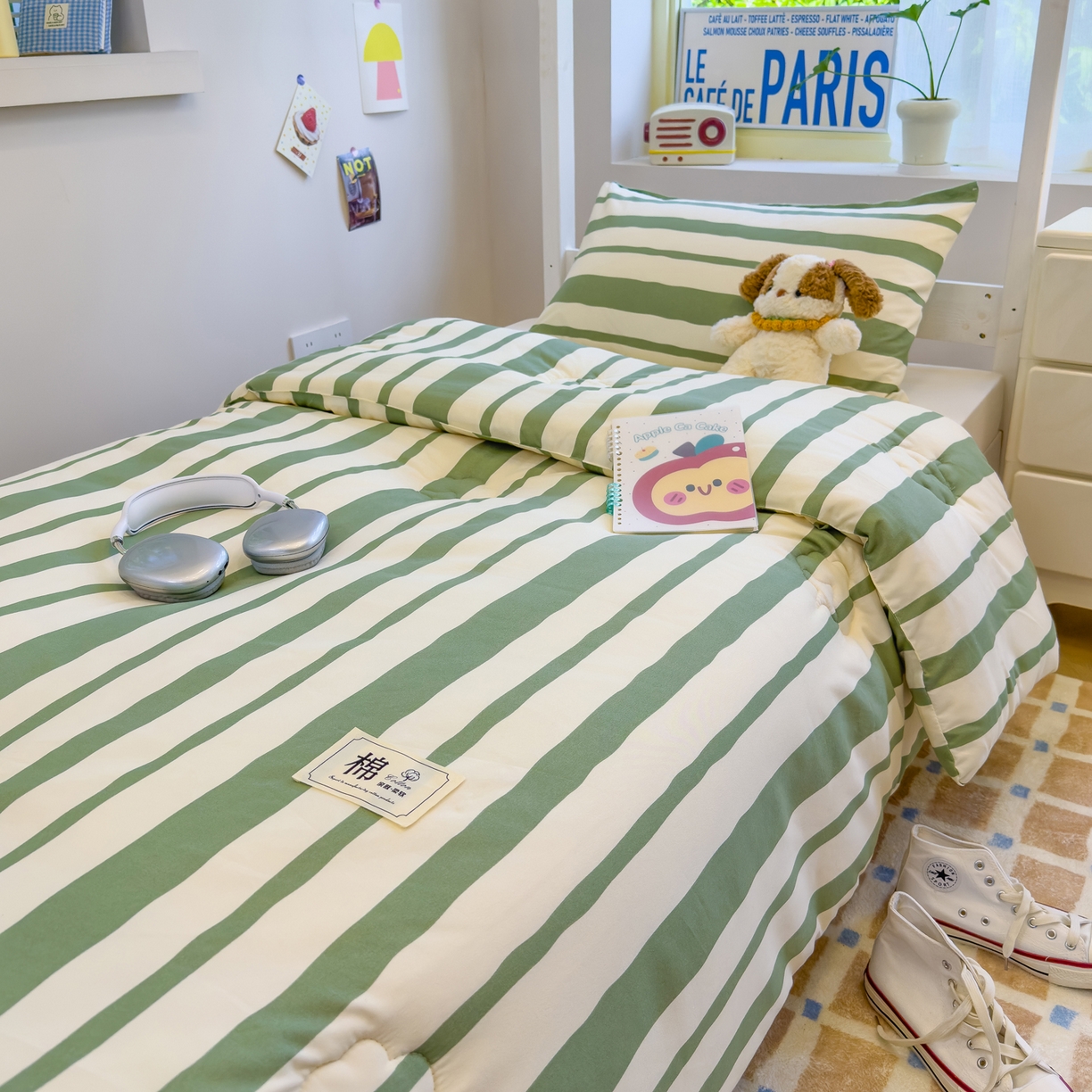 91家纺网 家纺一手货源 找家纺 默忆 2025新款新疆棉学生棉花被 被子被芯 绿白宽条