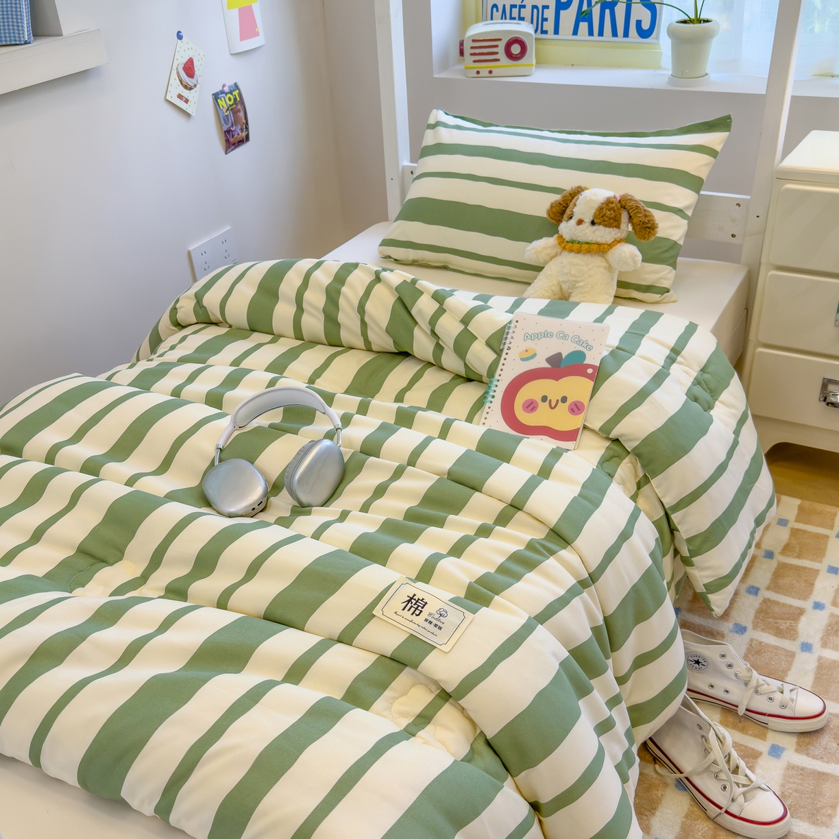 91家纺网 家纺一手货源 找家纺 默忆 2025新款新疆棉学生棉花被 被子被芯 绿白宽条