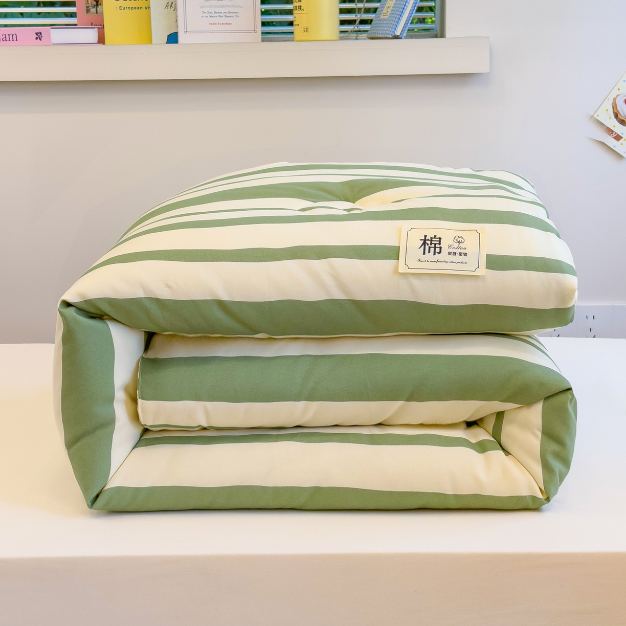 91家纺网 家纺一手货源 找家纺 默忆 2025新款新疆棉学生棉花被 被子被芯 绿白宽条
