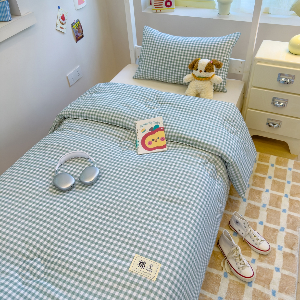 91家纺网 家纺一手货源 找家纺 默忆 2025新款新疆棉学生棉花被 被子被芯 绿白小格