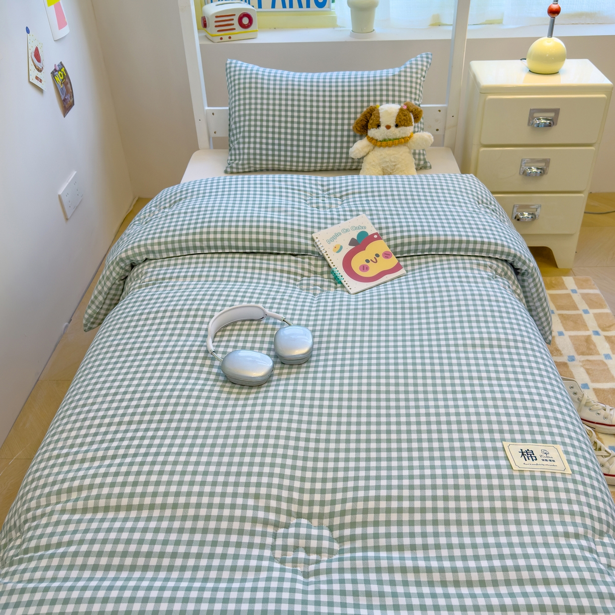 91家纺网 家纺一手货源 找家纺 默忆 2025新款新疆棉学生棉花被 被子被芯 绿白小格