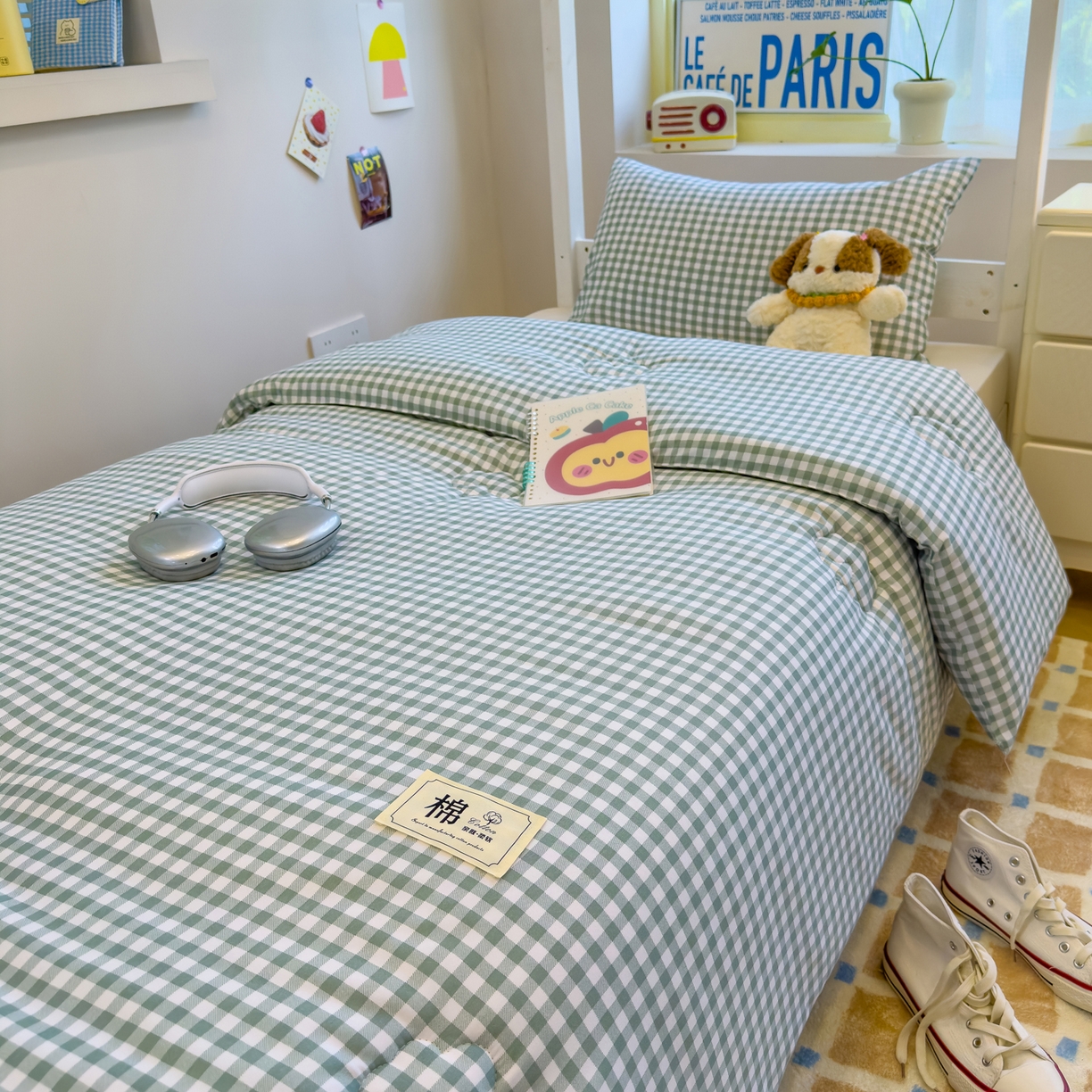 91家纺网 家纺一手货源 找家纺 默忆 2025新款新疆棉学生棉花被 被子被芯 绿白小格