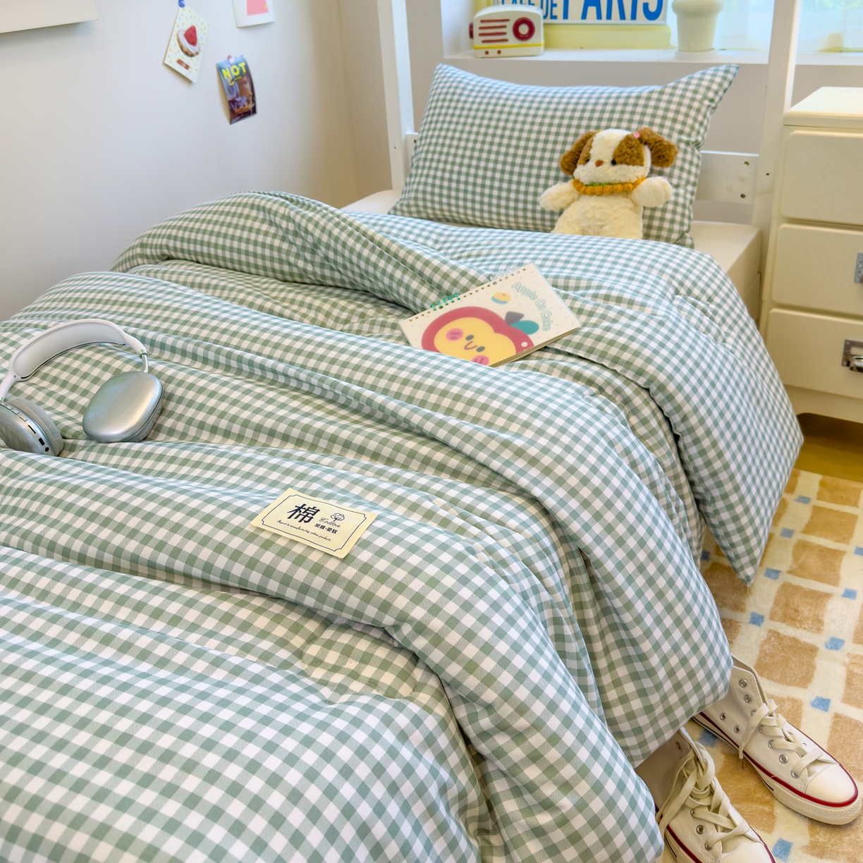 91家纺网 家纺一手货源 找家纺 默忆 2025新款新疆棉学生棉花被 被子被芯 绿白小格