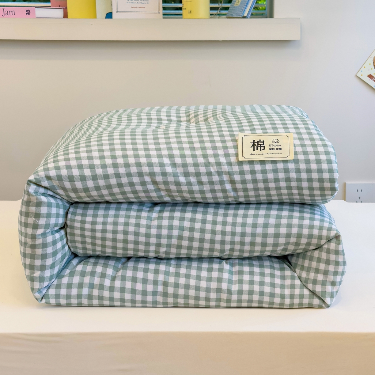91家纺网 家纺一手货源 找家纺 默忆 2025新款新疆棉学生棉花被 被子被芯 绿白小格