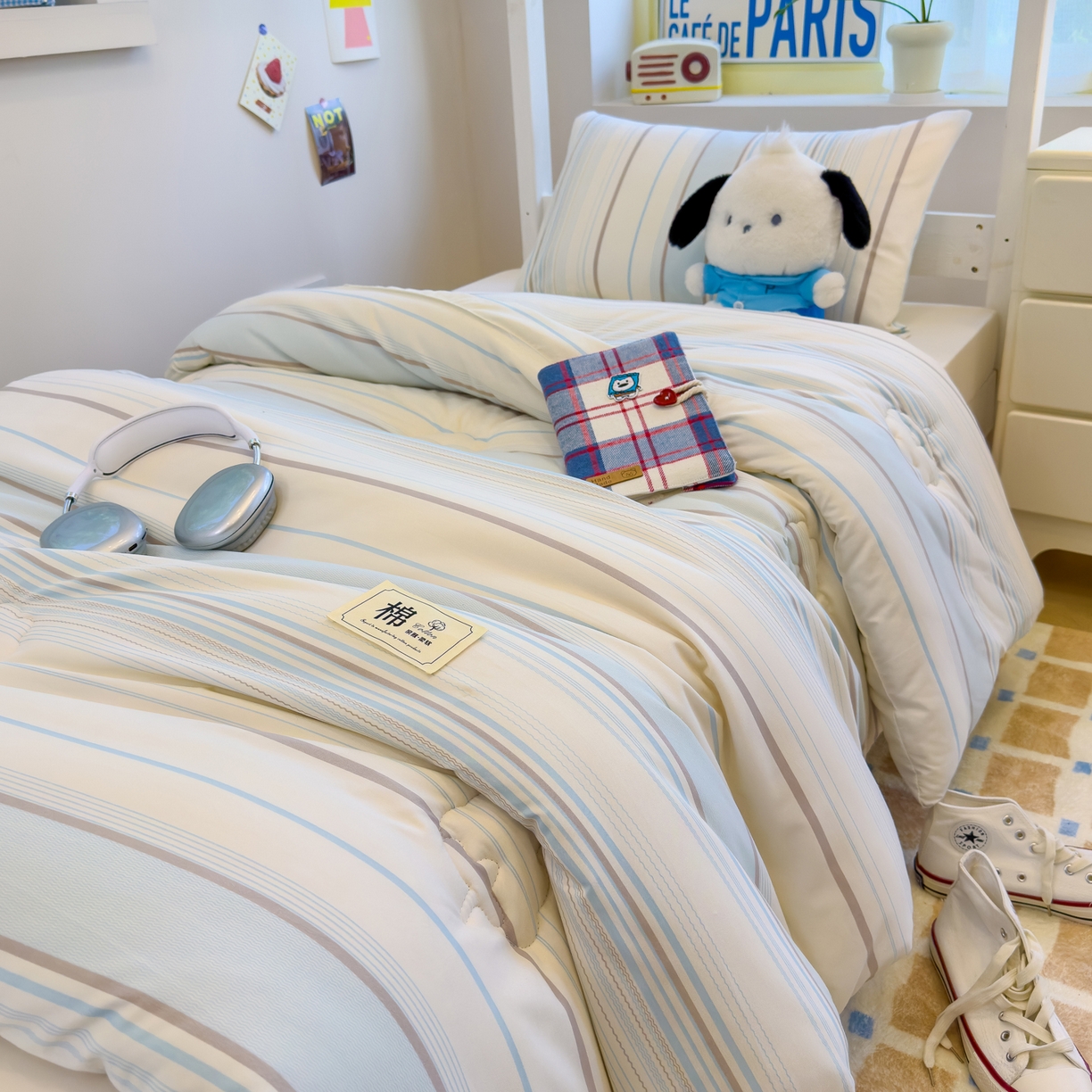 91家纺网 家纺一手货源 找家纺 默忆 2025新款新疆棉学生棉花被 被子被芯 渐变蓝细条