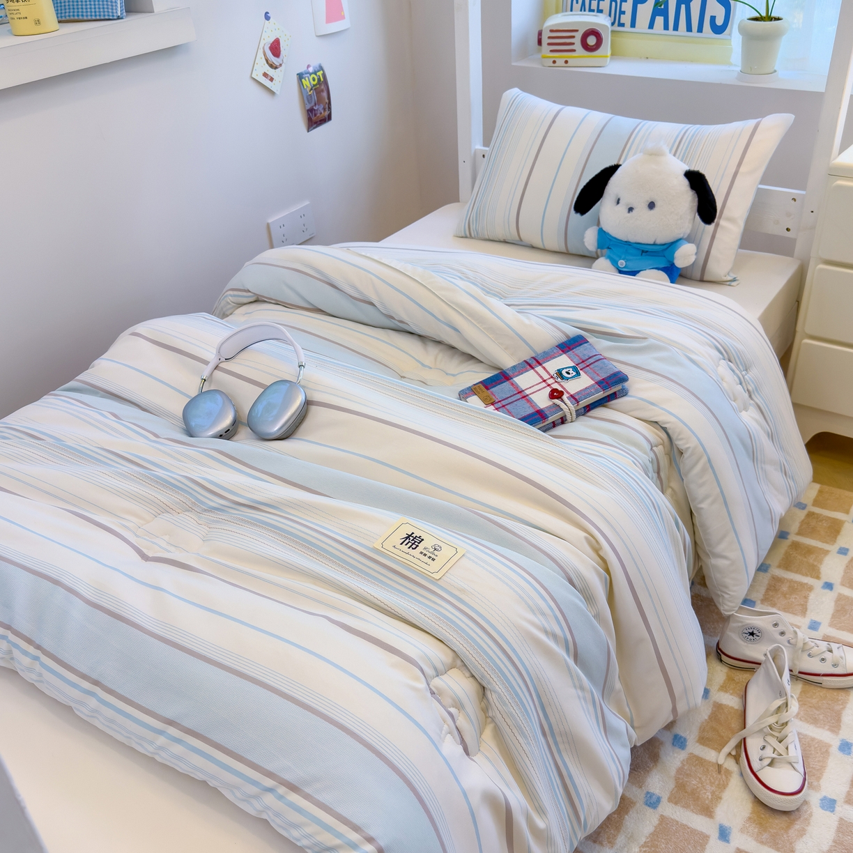 91家纺网 家纺一手货源 找家纺 默忆 2025新款新疆棉学生棉花被 被子被芯 渐变蓝细条