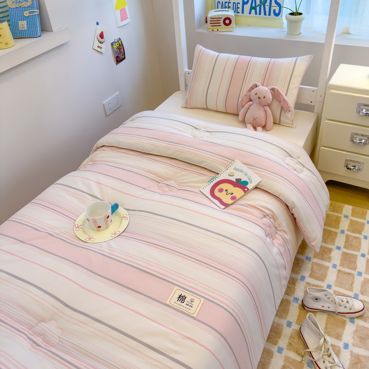 91家纺网 家纺一手货源 找家纺 默忆 2025新款新疆棉学生棉花被 被子被芯 渐变粉细条