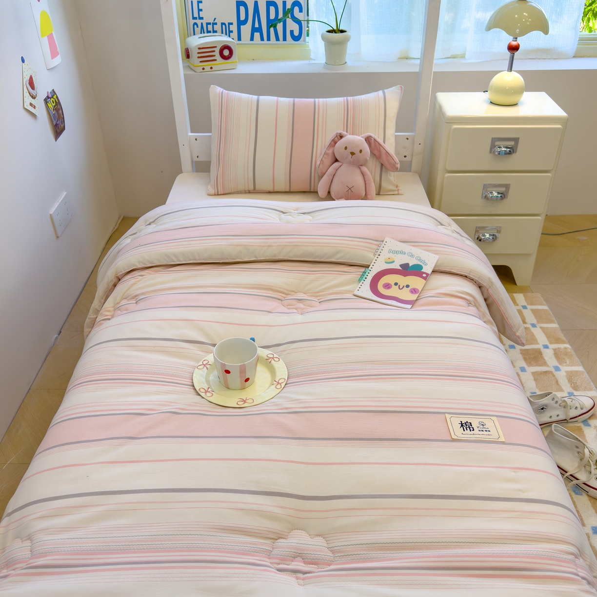 91家纺网 家纺一手货源 找家纺 默忆 2025新款新疆棉学生棉花被 被子被芯 渐变粉细条