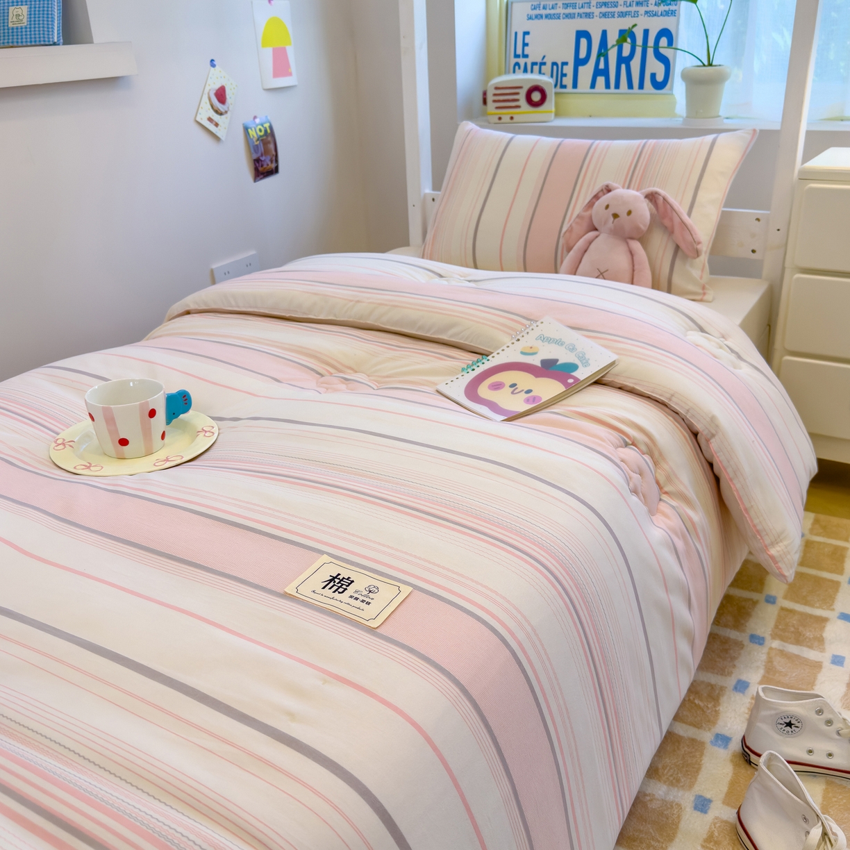 91家纺网 家纺一手货源 找家纺 默忆 2025新款新疆棉学生棉花被 被子被芯 渐变粉细条