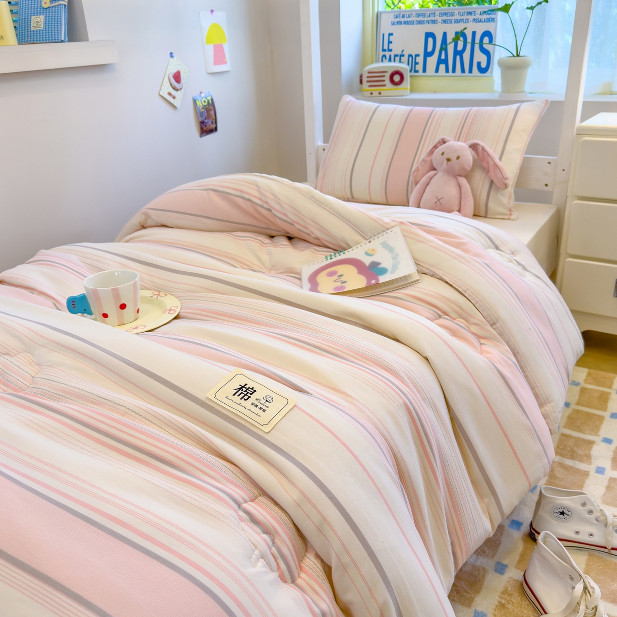 91家纺网 家纺一手货源 找家纺 默忆 2025新款新疆棉学生棉花被 被子被芯 渐变粉细条