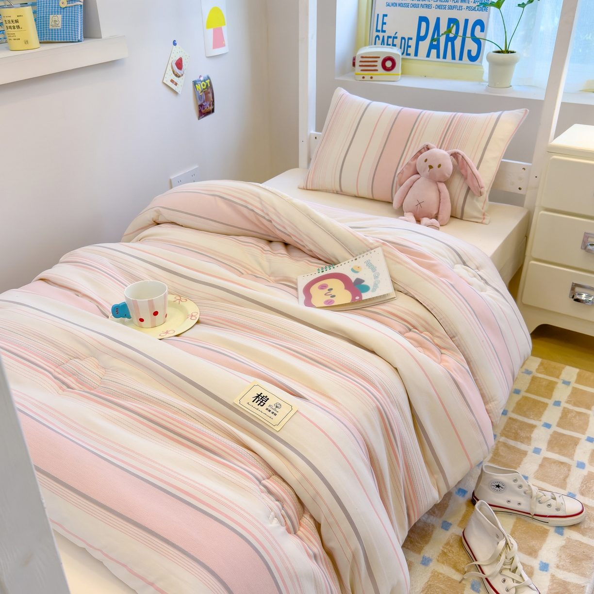 91家纺网 家纺一手货源 找家纺 默忆 2025新款新疆棉学生棉花被 被子被芯 渐变粉细条