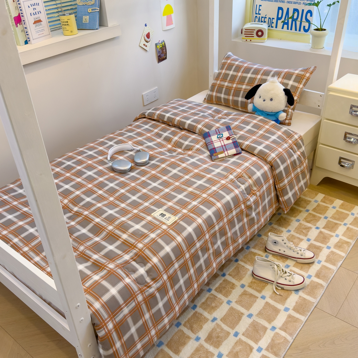 默忆 2025新款新疆棉学生棉花被 被子被芯 咖灰中格