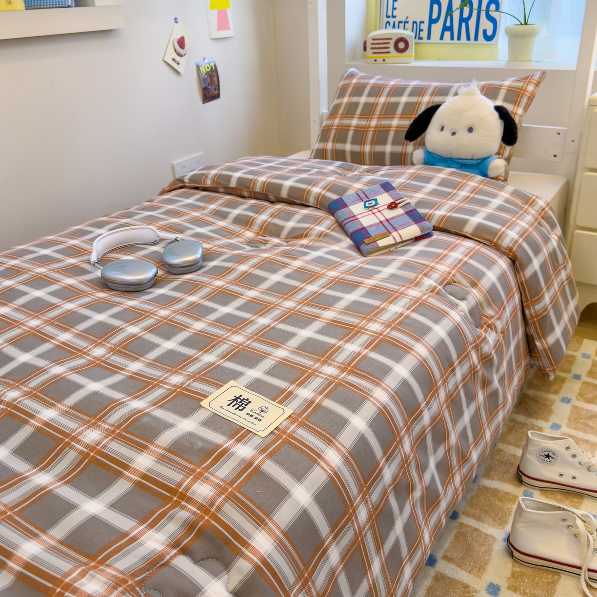 91家纺网 家纺一手货源 找家纺 默忆 2025新款新疆棉学生棉花被 被子被芯 咖灰中格