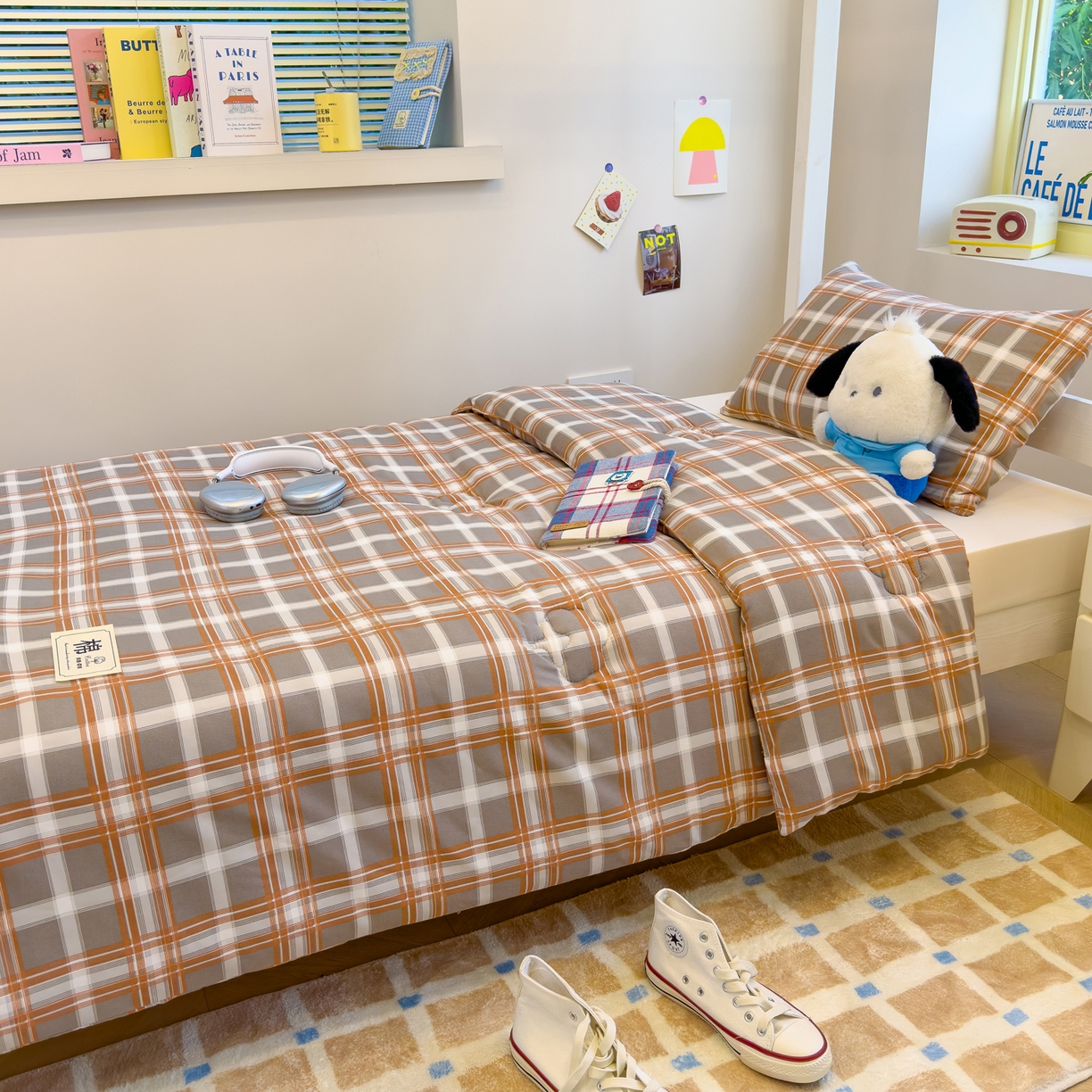 91家纺网 家纺一手货源 找家纺 默忆 2025新款新疆棉学生棉花被 被子被芯 咖灰中格