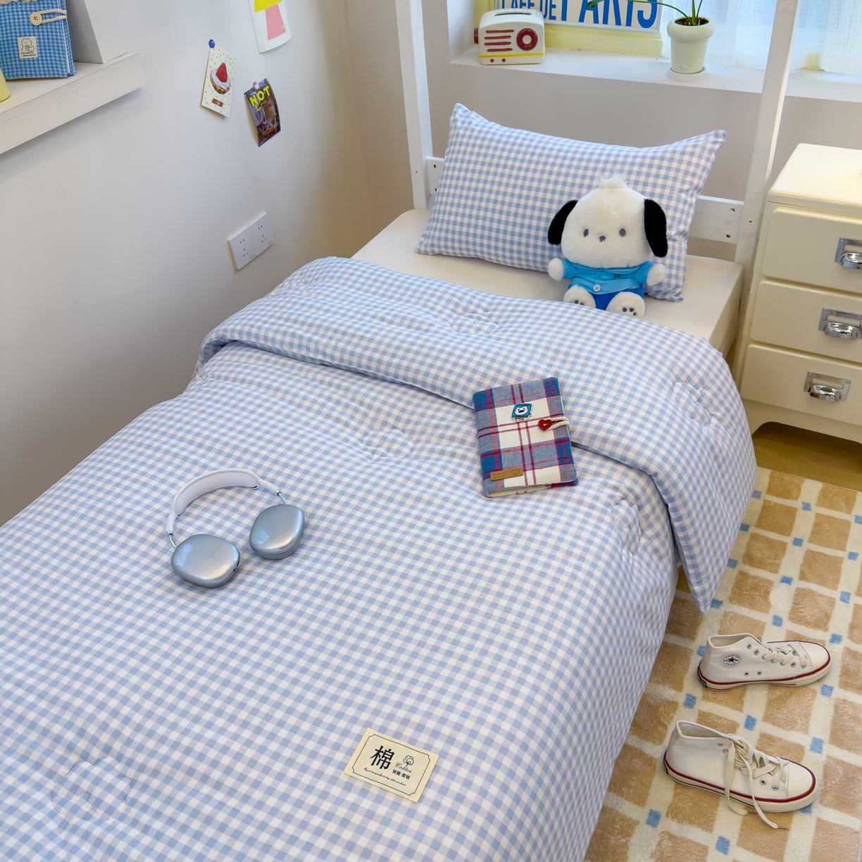 91家纺网 家纺一手货源 找家纺 默忆 2025新款新疆棉学生棉花被 被子被芯 浅蓝白小格