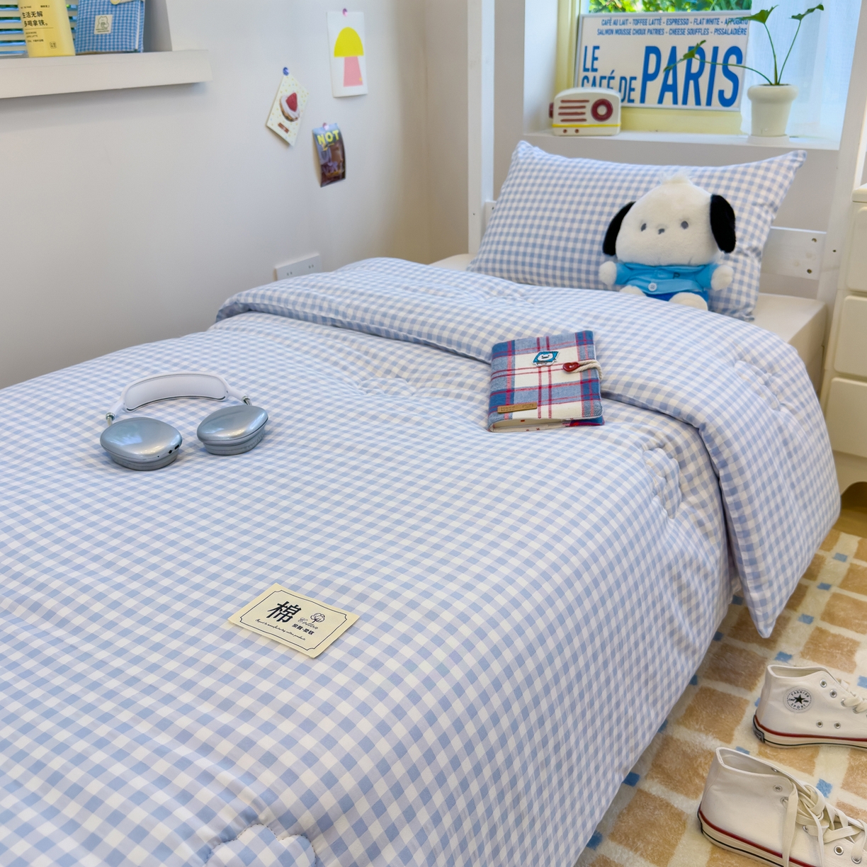 91家纺网 家纺一手货源 找家纺 默忆 2025新款新疆棉学生棉花被 被子被芯 浅蓝白小格