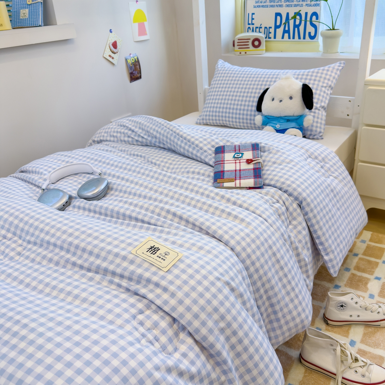 91家纺网 家纺一手货源 找家纺 默忆 2025新款新疆棉学生棉花被 被子被芯 浅蓝白小格