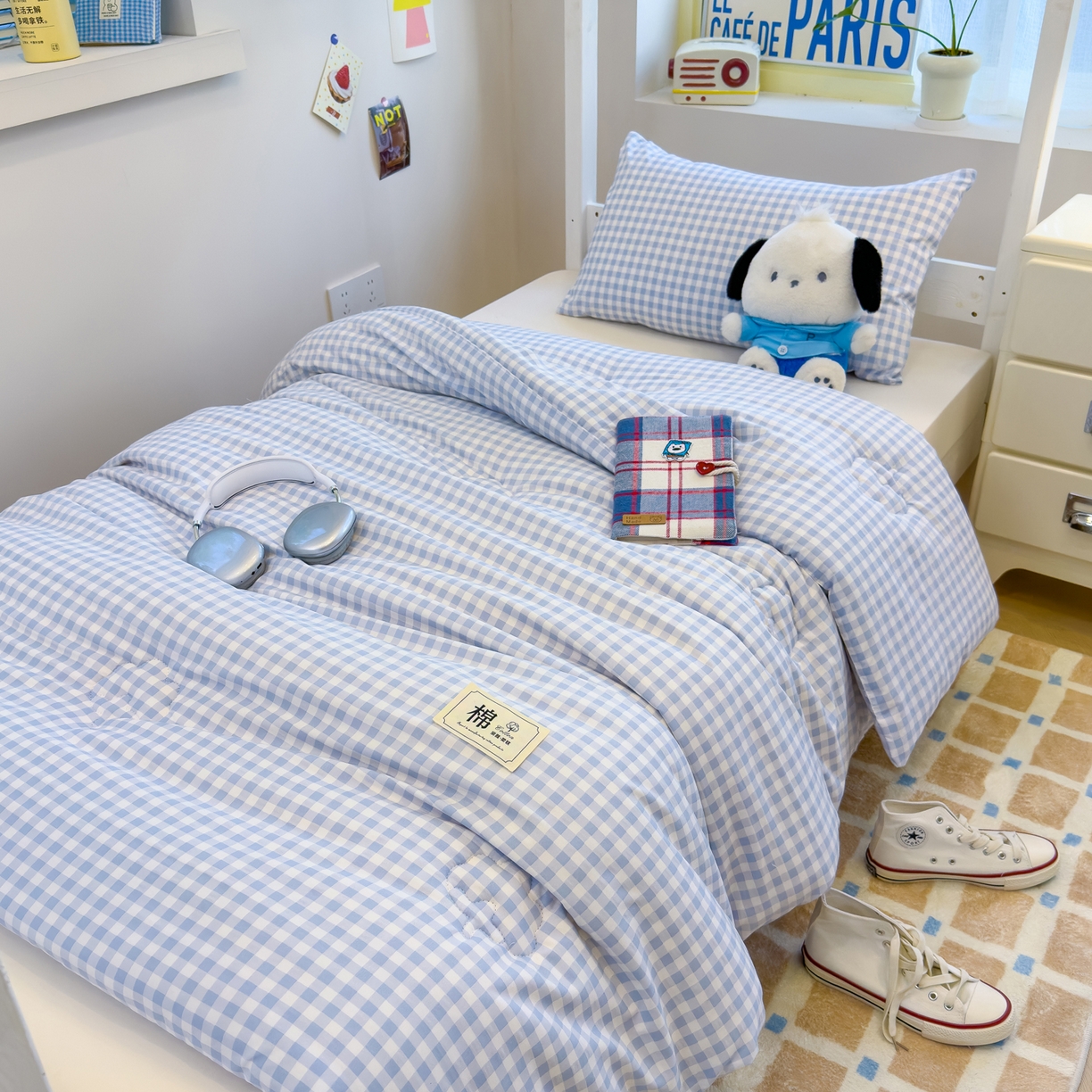 91家纺网 家纺一手货源 找家纺 默忆 2025新款新疆棉学生棉花被 被子被芯 浅蓝白小格