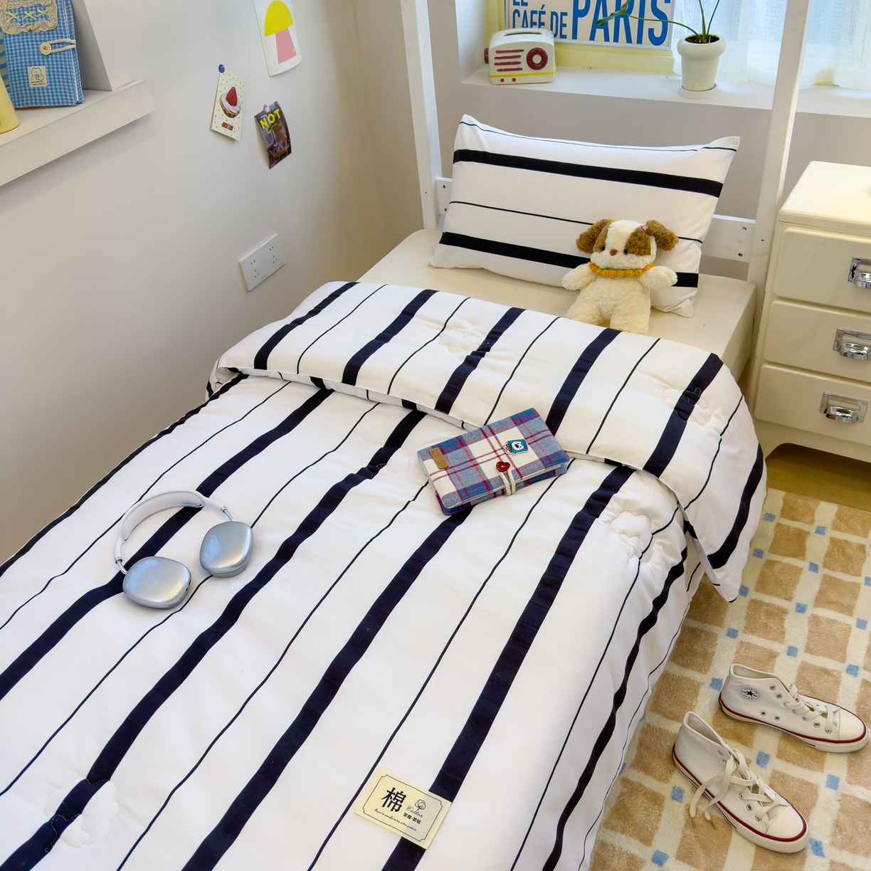 91家纺网 家纺一手货源 找家纺 默忆 2025新款新疆棉学生棉花被 被子被芯 黑白宽条