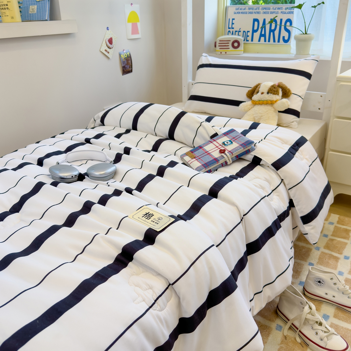 91家纺网 家纺一手货源 找家纺 默忆 2025新款新疆棉学生棉花被 被子被芯 黑白宽条