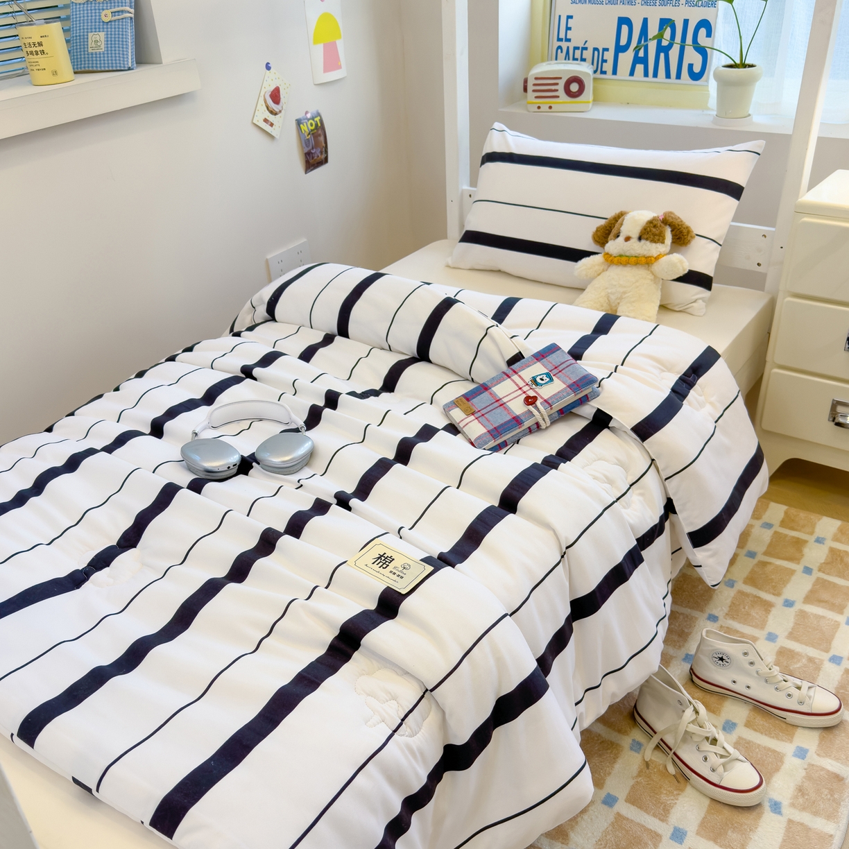 91家纺网 家纺一手货源 找家纺 默忆 2025新款新疆棉学生棉花被 被子被芯 黑白宽条