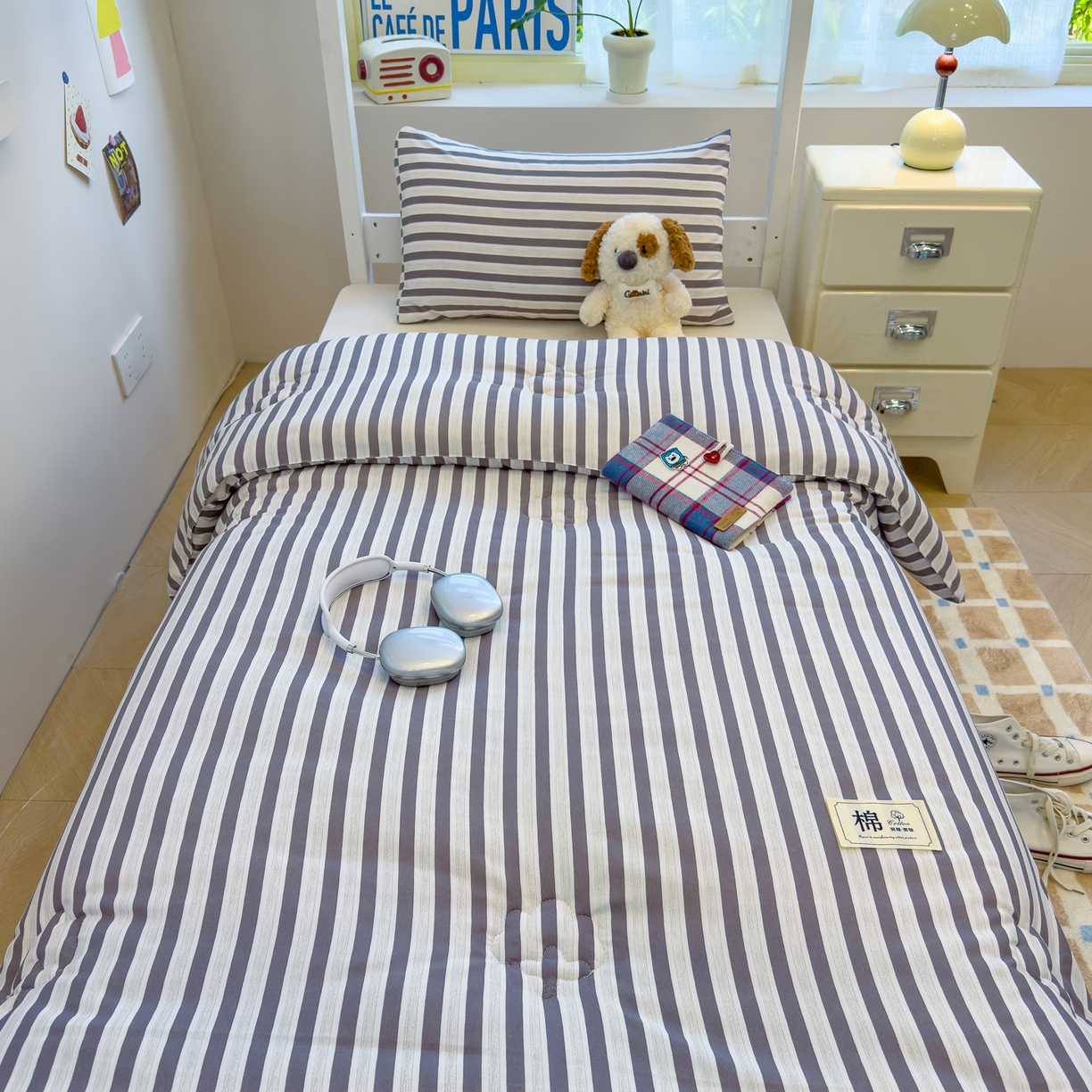 91家纺网 家纺一手货源 找家纺 默忆 2025新款新疆棉学生棉花被 被子被芯 灰白条