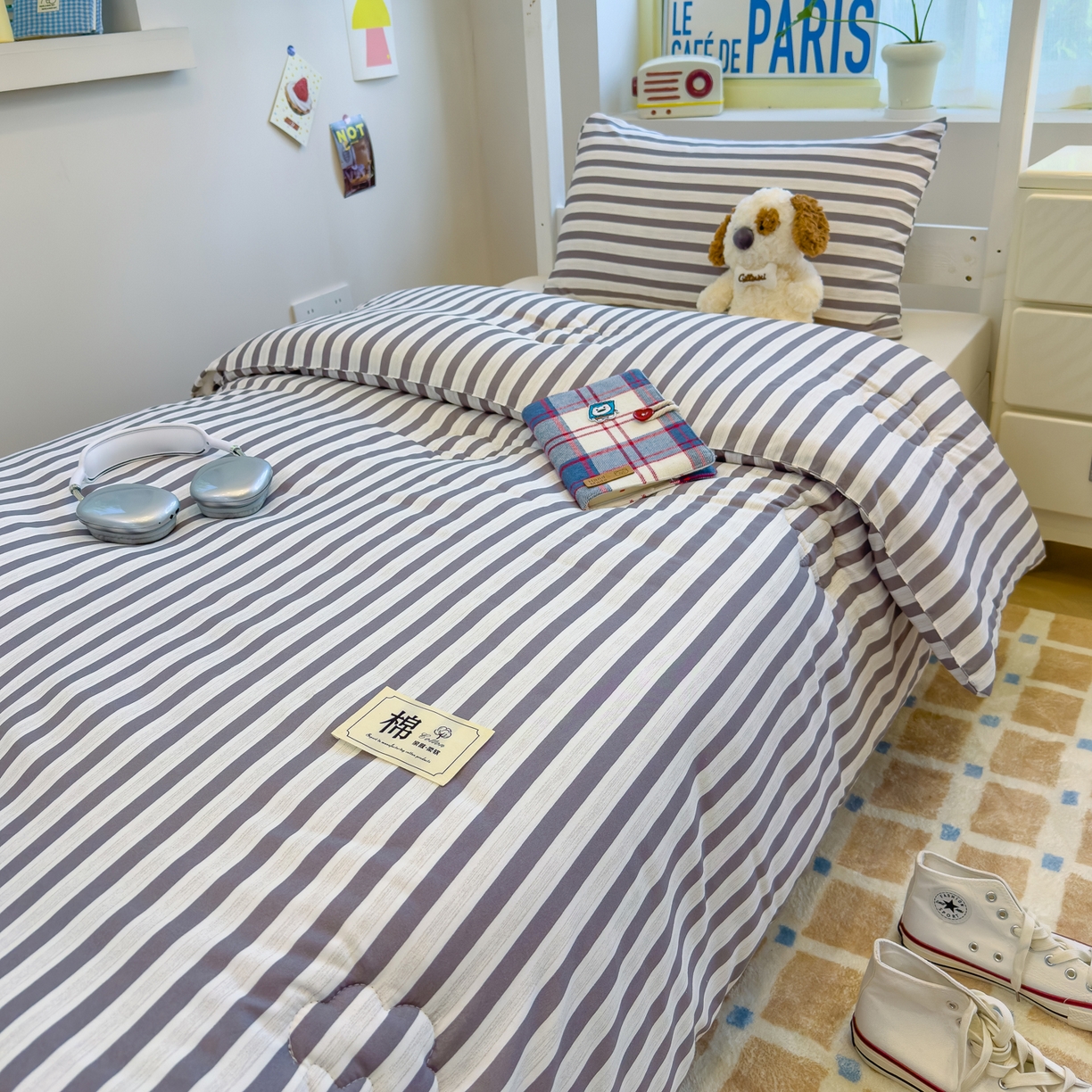 91家纺网 家纺一手货源 找家纺 默忆 2025新款新疆棉学生棉花被 被子被芯 灰白条