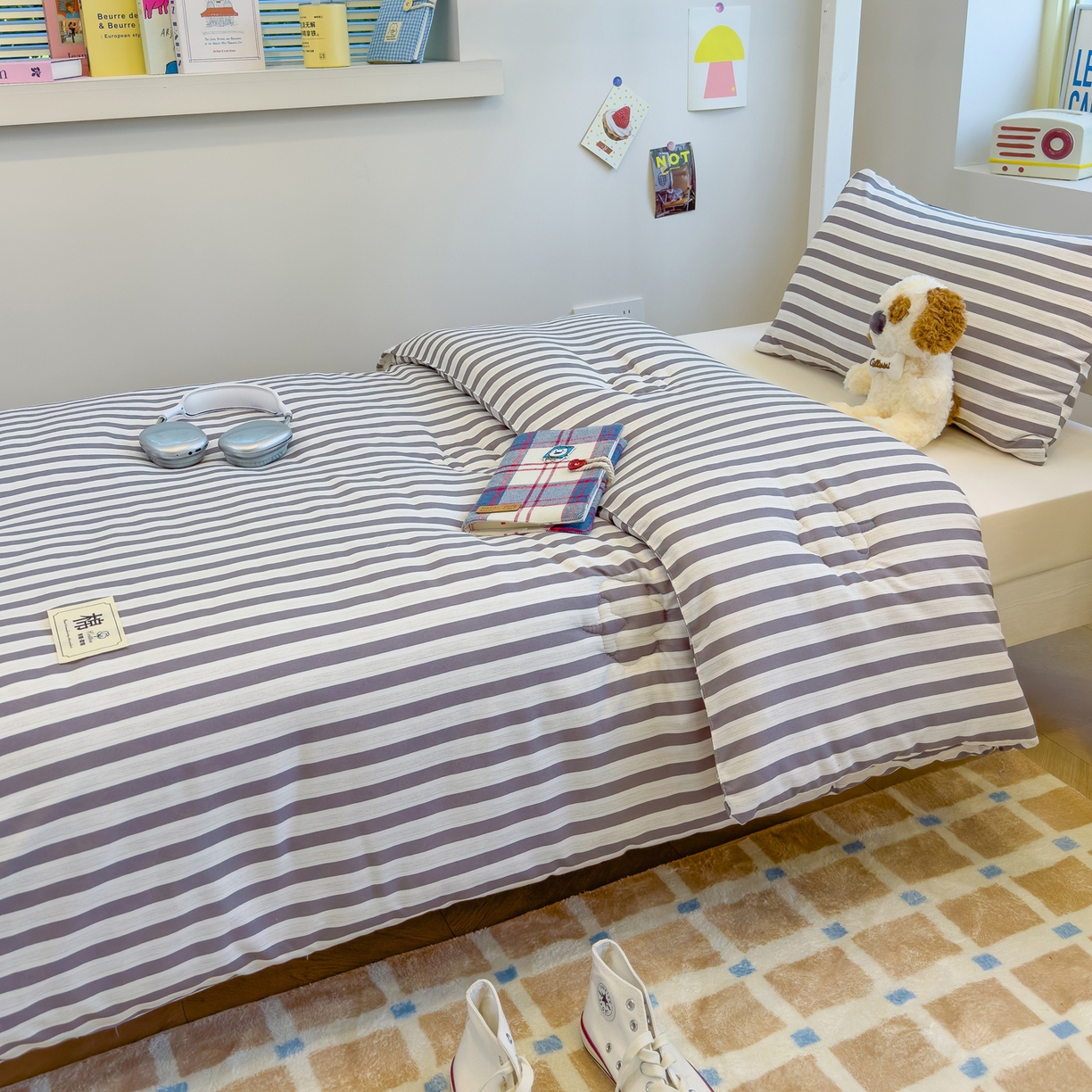 91家纺网 家纺一手货源 找家纺 默忆 2025新款新疆棉学生棉花被 被子被芯 灰白条