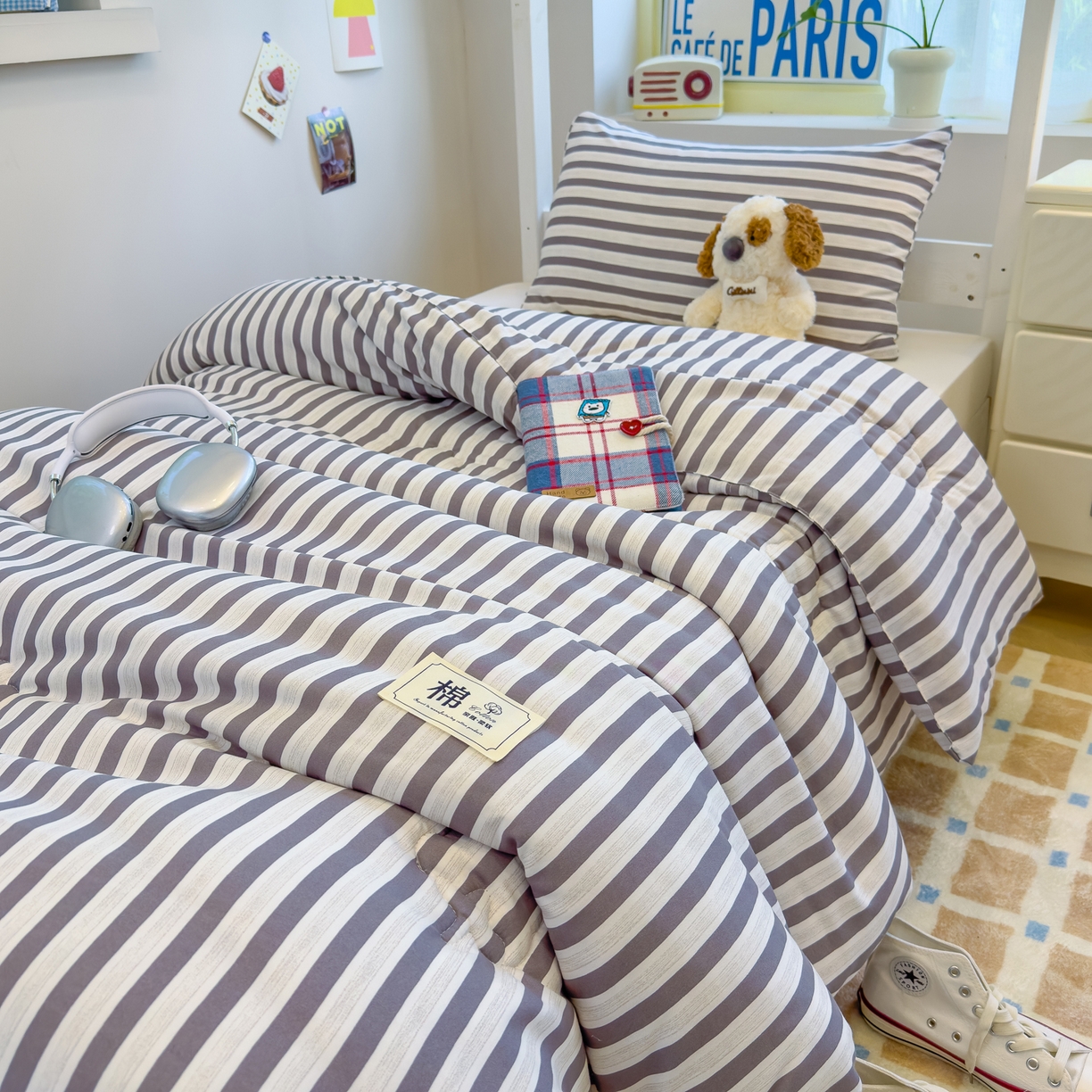 91家纺网 家纺一手货源 找家纺 默忆 2025新款新疆棉学生棉花被 被子被芯 灰白条