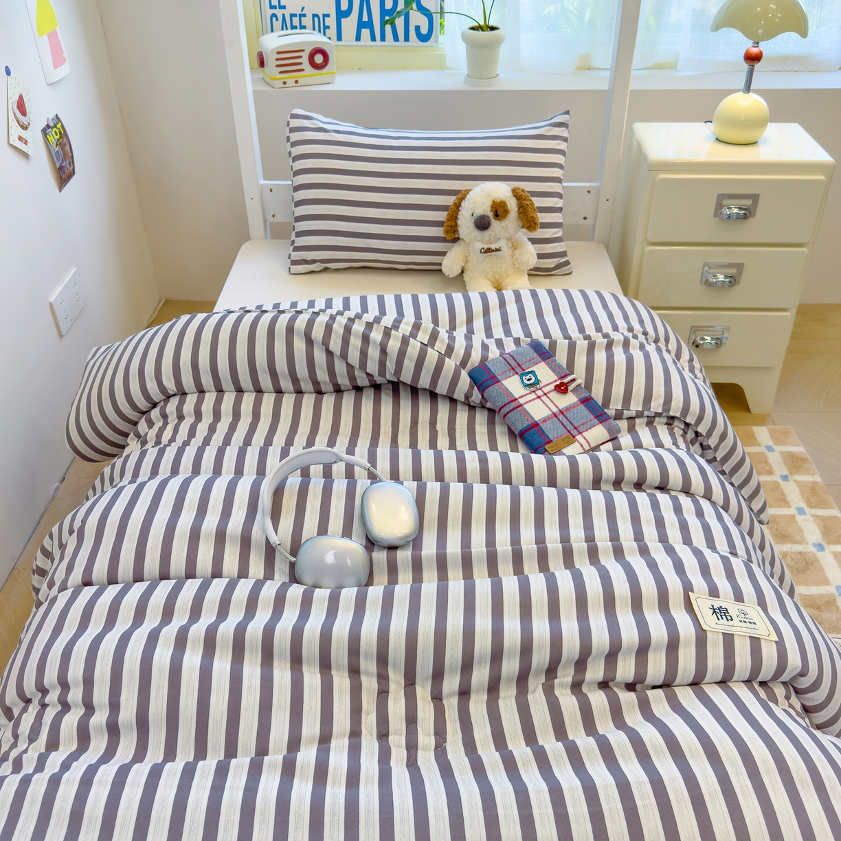 91家纺网 家纺一手货源 找家纺 默忆 2025新款新疆棉学生棉花被 被子被芯 灰白条