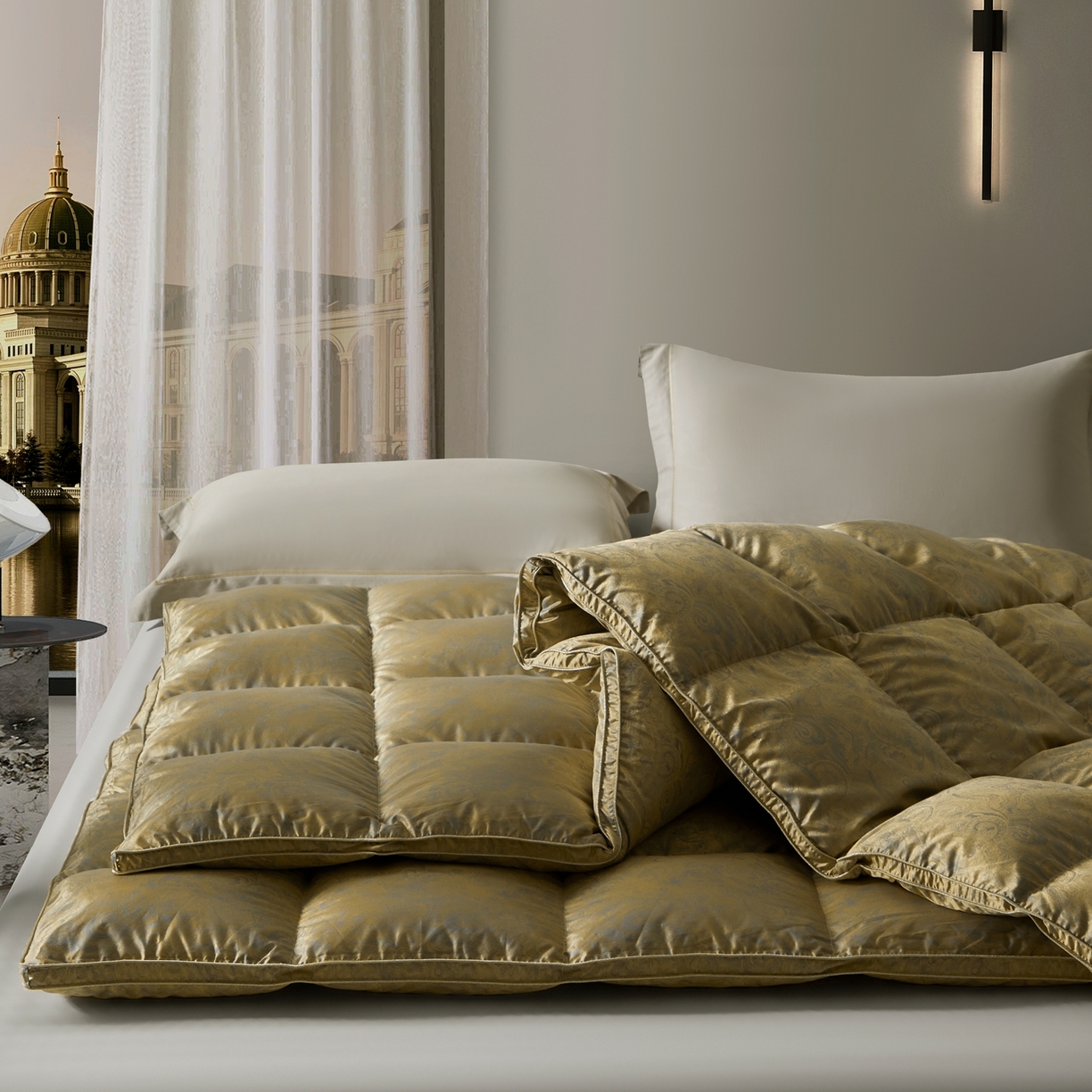 91家纺网 家纺一手货源 找家纺 织梦人羽绒工厂店 2025新款高蓬松羽绒羽毛被大牌同款花型-高精密提花系列 高精密提花-水云古铜