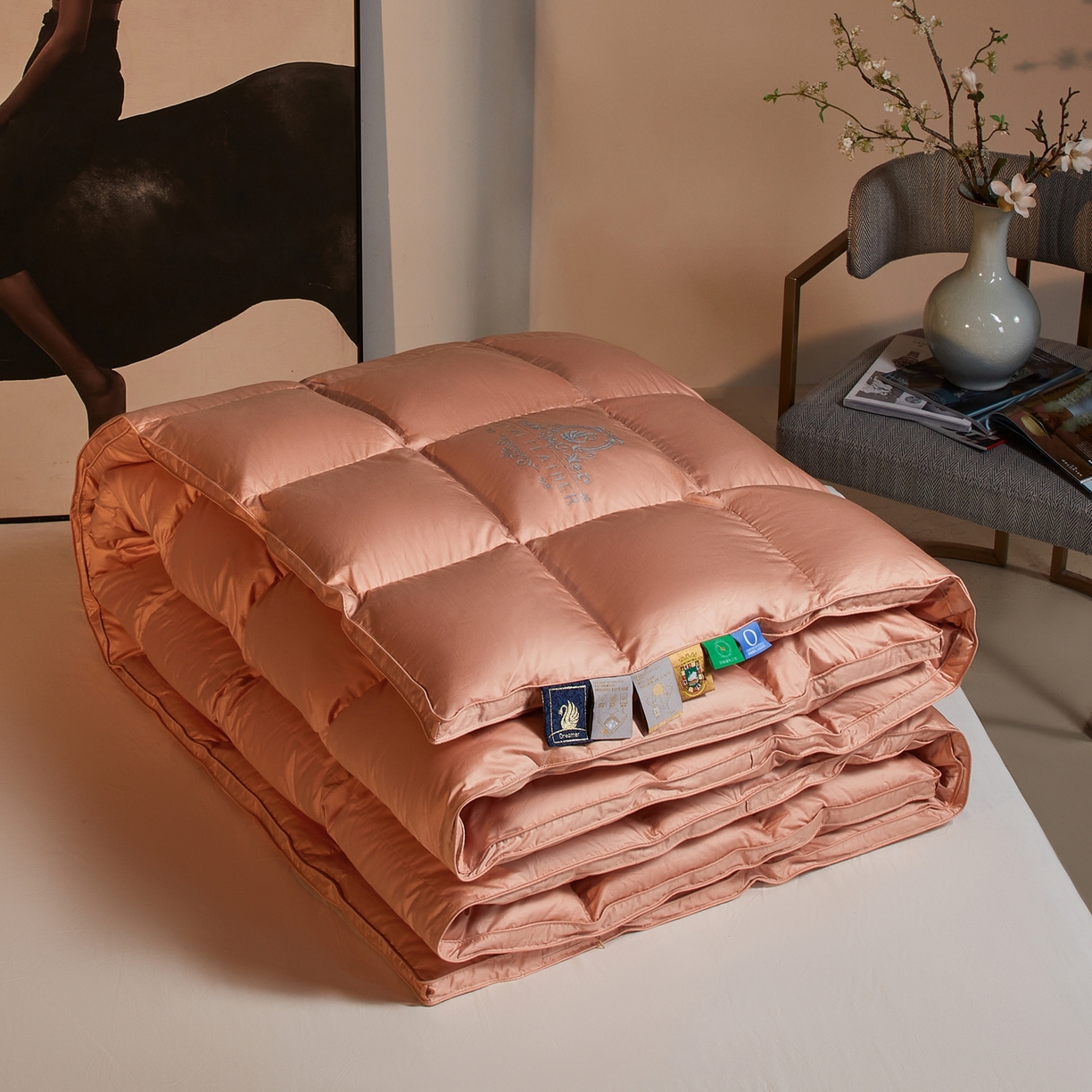 91家纺网 家纺一手货源 找家纺 织梦人羽绒工厂店2025新款高蓬松羽绒被95鹅绒大牌同款花型-莱赛尔+棉纯色系列 莱赛尔-桔