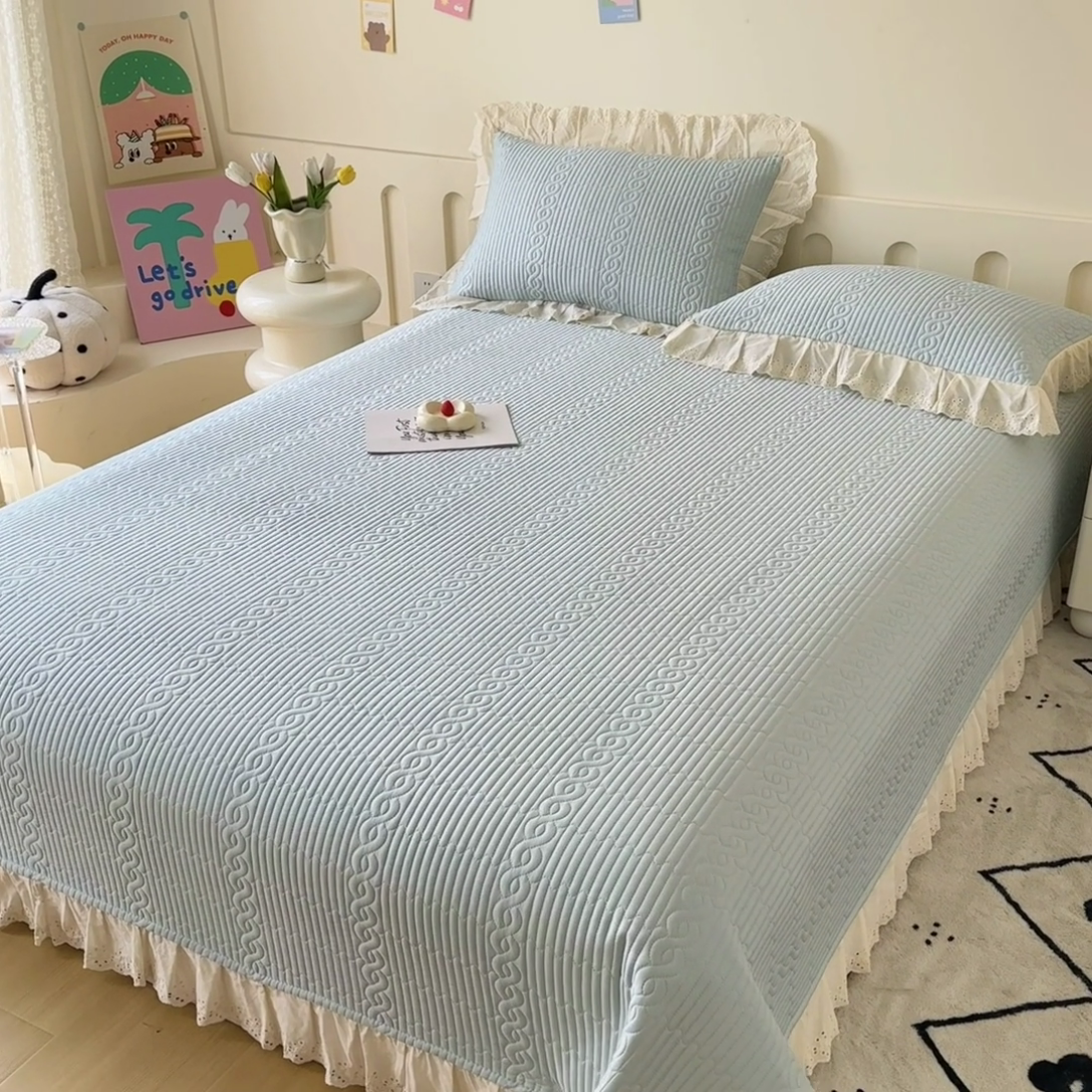 91家纺网 家纺一手货源 找家纺 岚吉家纺 2025新款莫代尔印花床盖 海风蓝