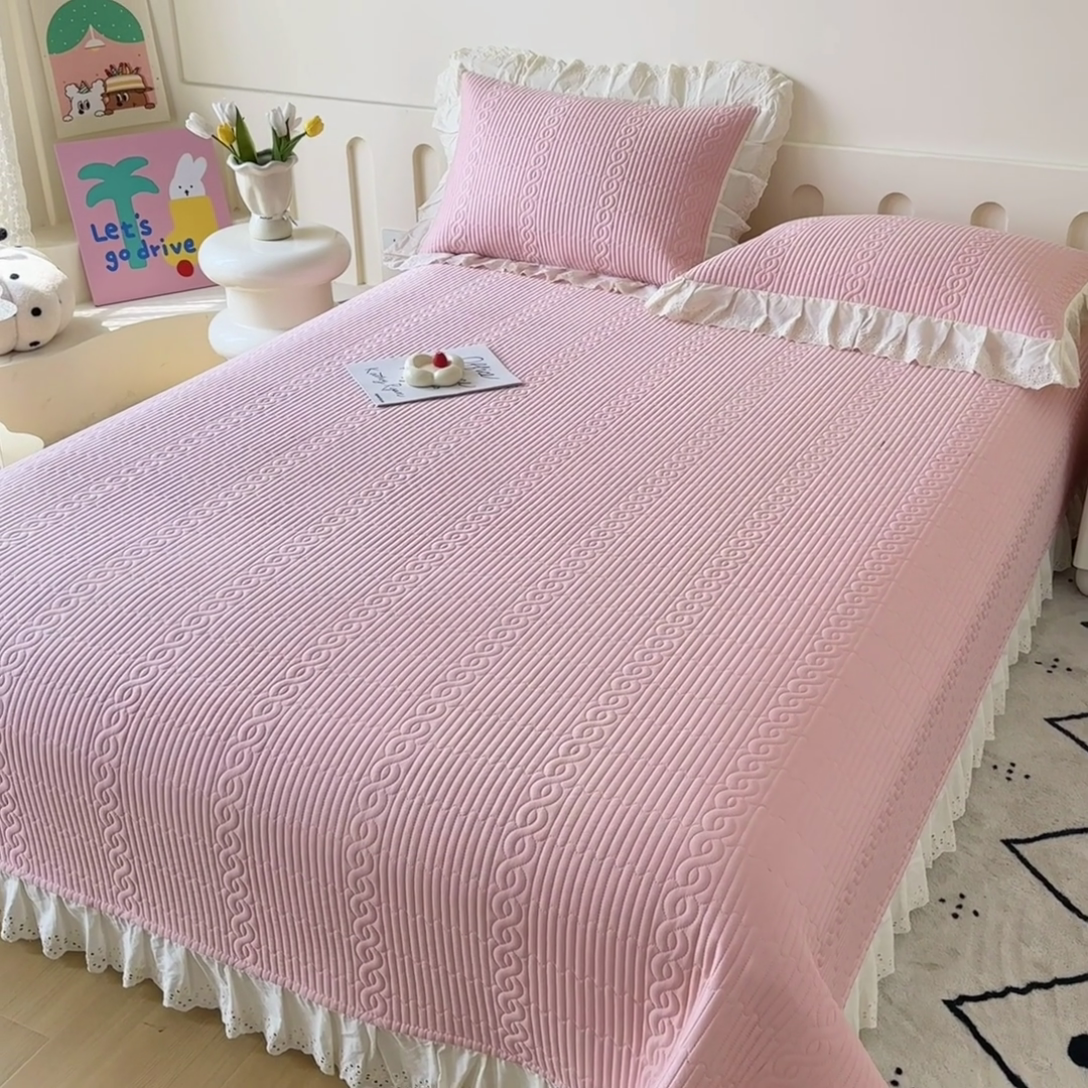 91家纺网 家纺一手货源 找家纺 岚吉家纺 2025新款莫代尔印花床盖 白桃粉