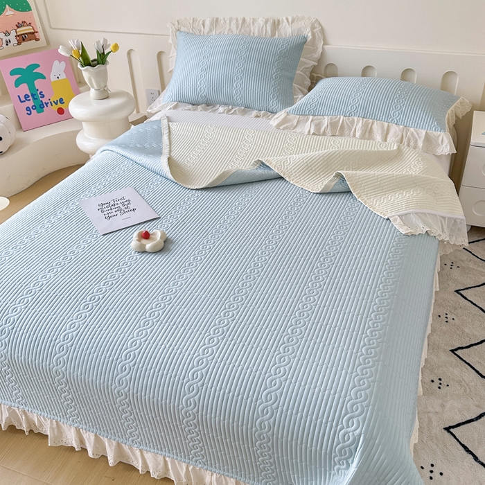 91家纺网 家纺一手货源 找家纺 岚吉家纺 2025新款莫代尔印花床盖 海风蓝