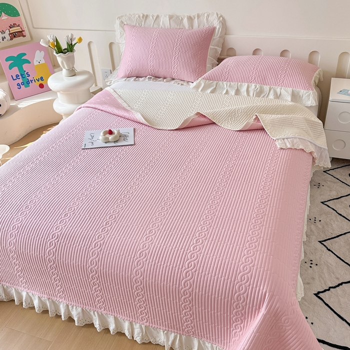 91家纺网 家纺一手货源 找家纺 岚吉家纺 2025新款莫代尔印花床盖 白桃粉