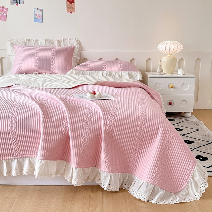 91家纺网 家纺一手货源 找家纺 岚吉家纺 2025新款莫代尔印花床盖 白桃粉