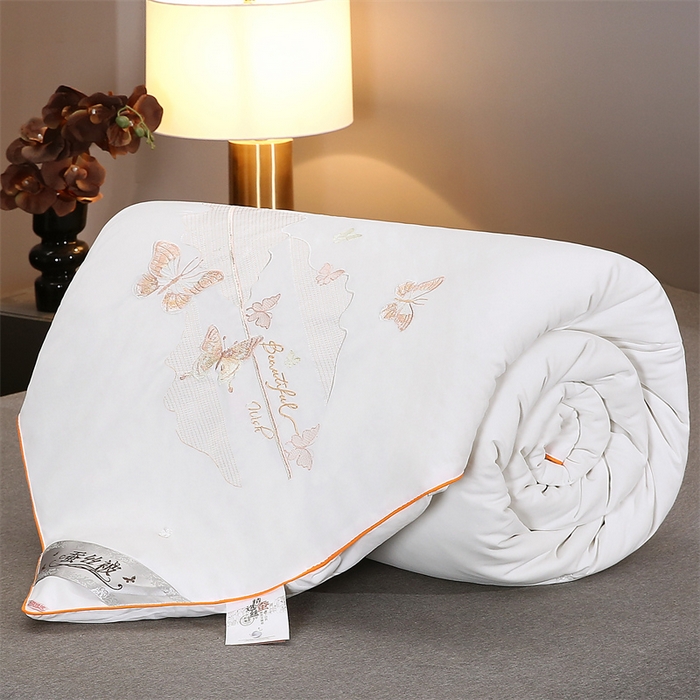 91家纺网 家纺一手货源 找家纺 恒鑫 2025新款全棉绣花桑蚕丝冬被春秋被拉链二合一子母被 月光白