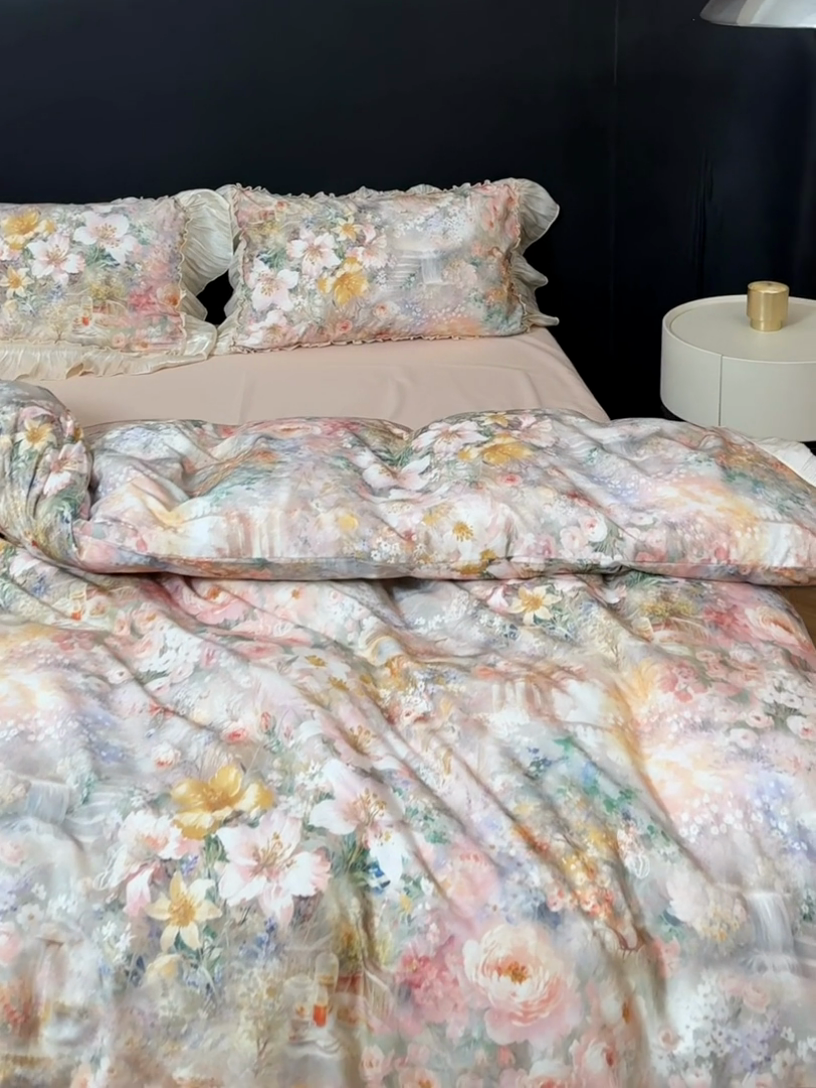 91家纺网 家纺一手货源 找家纺 迷尚家居 2025新款全棉60支磨毛花边款四件套 花漾倾城