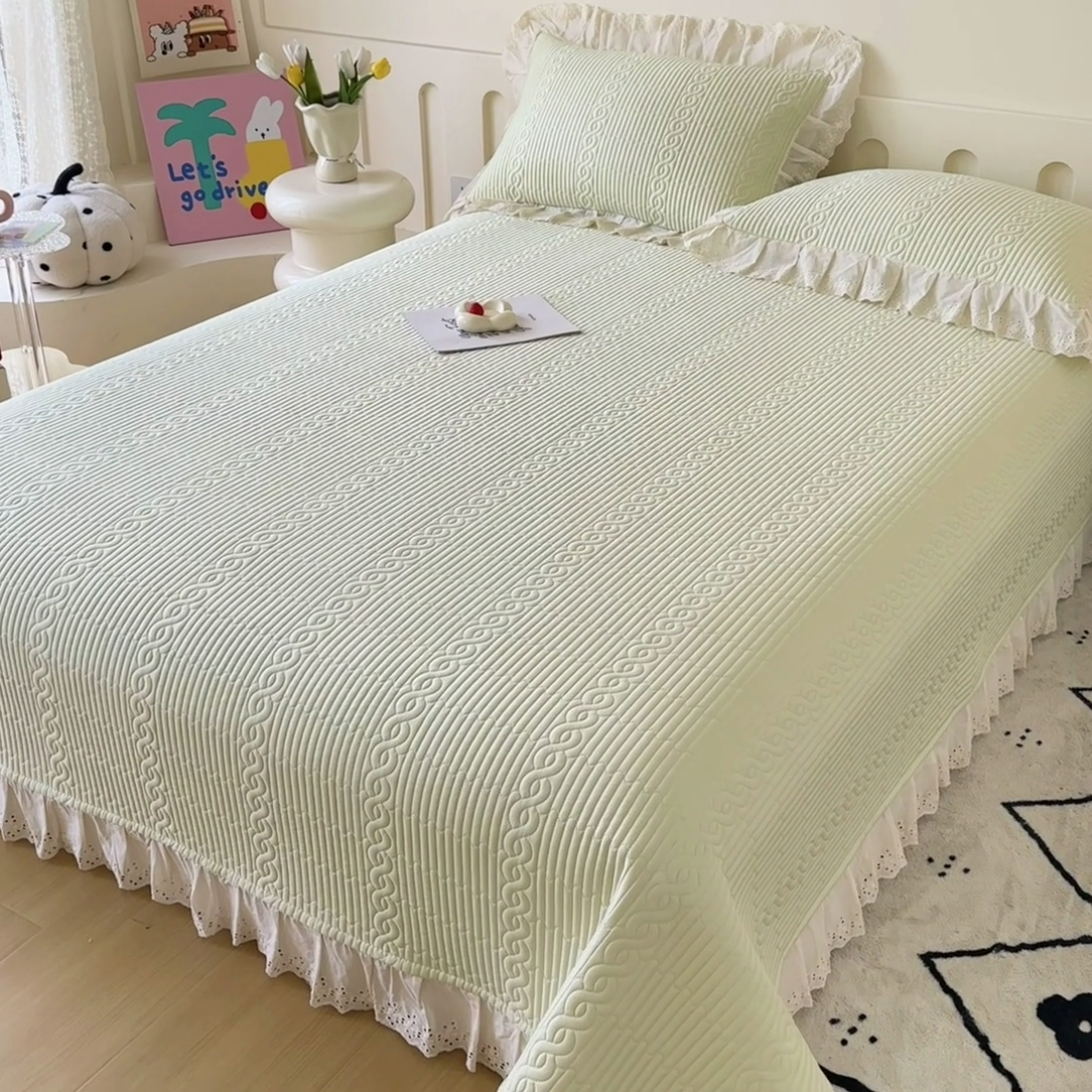 91家纺网 家纺一手货源 找家纺 岚吉家纺 2025新款莫代尔印花床盖 奶油绿