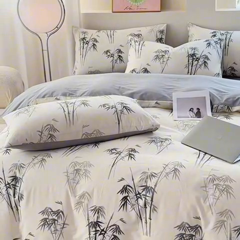 91家纺网 家纺一手货源 找家纺 宇彬家纺 2025直播新款13372全棉纯棉印花单双人被套喷气小清新简约热款学生被罩 墨竹新花型上新