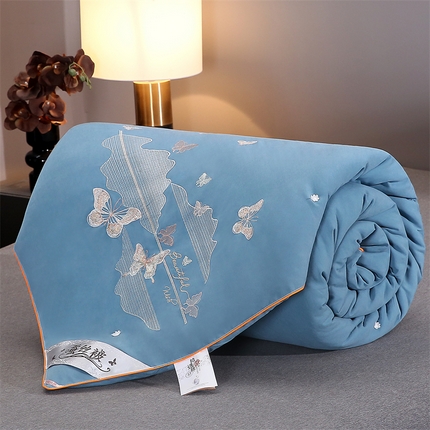 恒鑫 2025新款全棉绣花桑蚕丝冬被春秋被拉链二合一子母被 青雾蓝