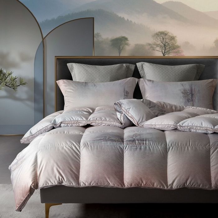 91家纺网 家纺一手货源 找家纺 织梦人羽绒工厂店 2025新款高蓬松羽绒95鹅绒大牌同款花型莫代尔印花 忆江南-桔