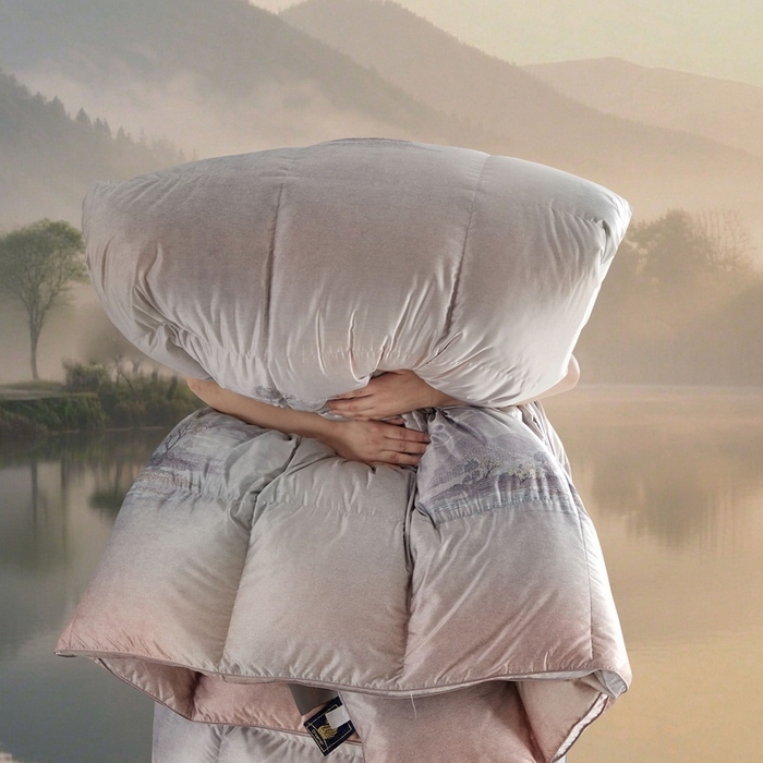 91家纺网 家纺一手货源 找家纺 织梦人羽绒工厂店 2025新款高蓬松羽绒95鹅绒大牌同款花型莫代尔印花 忆江南-桔