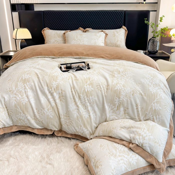 91家纺网 家纺一手货源 找家纺 梦精灵家纺 2025新款高克重加厚雕花牛奶绒四件套 瑞竹