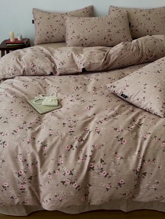 91家纺网 家纺一手货源 找家纺 一比一家纺 2025秋冬新款高克重棉麻原麻复古诧季风原麻四件套-简单款 花言