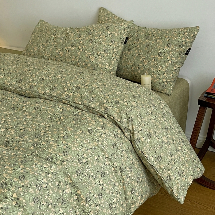 91家纺网 家纺一手货源 找家纺 一比一家纺 2026秋冬新款高克重棉麻原麻复古诧季风原麻四件套-简单款 绿意