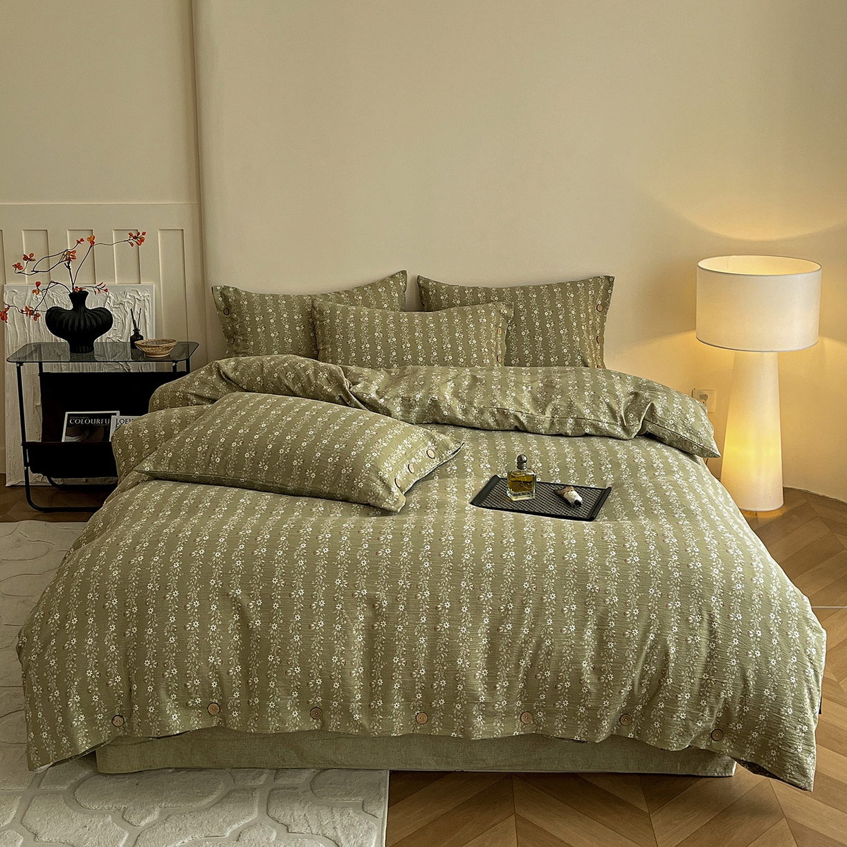 91家纺网 家纺一手货源 找家纺 一比一家纺 2025新款原麻纽扣款四件套 复古绿