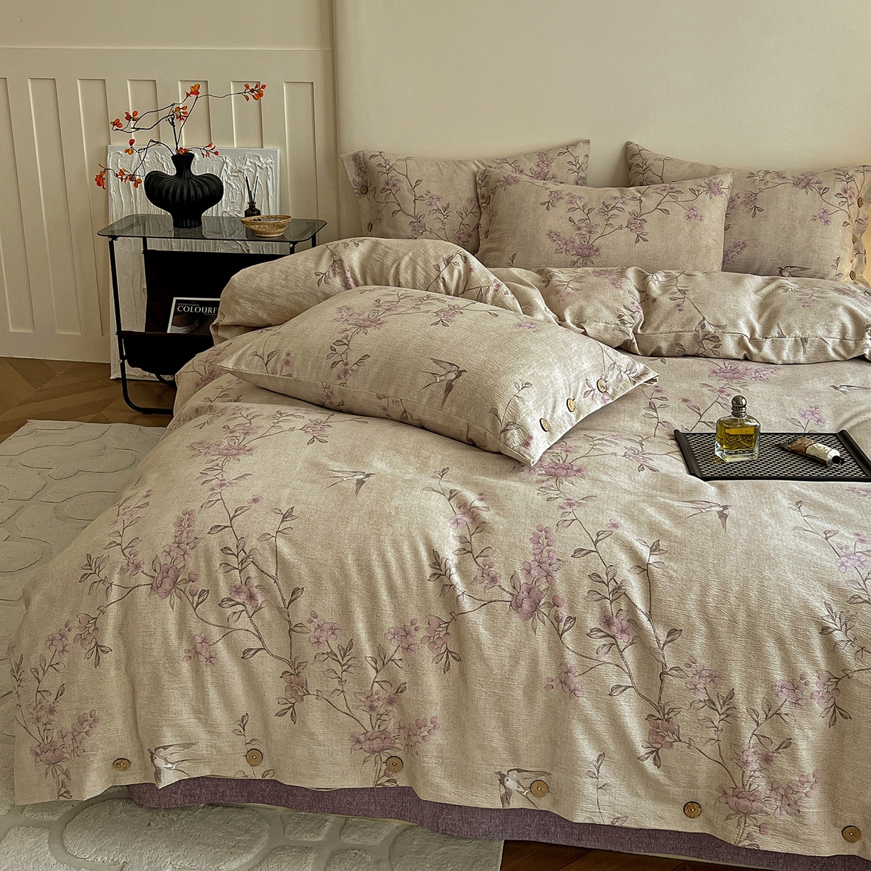 91家纺网 家纺一手货源 找家纺 一比一家纺 2025新款原麻纽扣款四件套 漫语